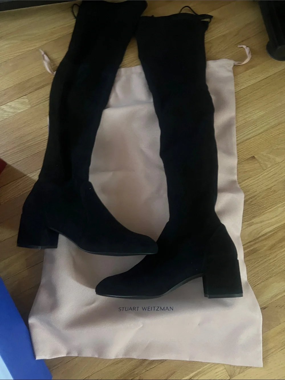 Stuart Weitzman Black Suede Over-the-Knee Block Heel Boots
